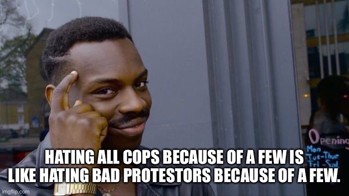 Roll Safe Think About It Meme | HATING ALL COPS BECAUSE OF A FEW IS LIKE HATING BAD PROTESTORS BECAUSE OF A FEW. | image tagged in memes,roll safe think about it | made w/ Imgflip meme maker