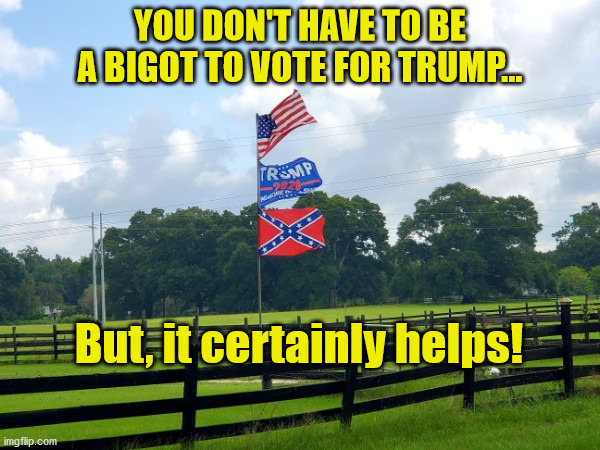 Confederate Trump | YOU DON'T HAVE TO BE A BIGOT TO VOTE FOR TRUMP... But, it certainly helps! | image tagged in confederate trump | made w/ Imgflip meme maker