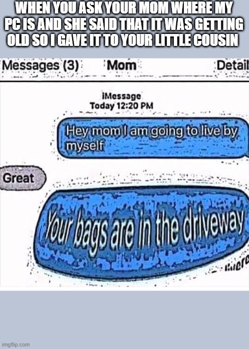 GOOD BYE MOM | WHEN YOU ASK YOUR MOM WHERE MY PC IS AND SHE SAID THAT IT WAS GETTING OLD SO I GAVE IT TO YOUR LITTLE COUSIN | image tagged in good bye mom | made w/ Imgflip meme maker