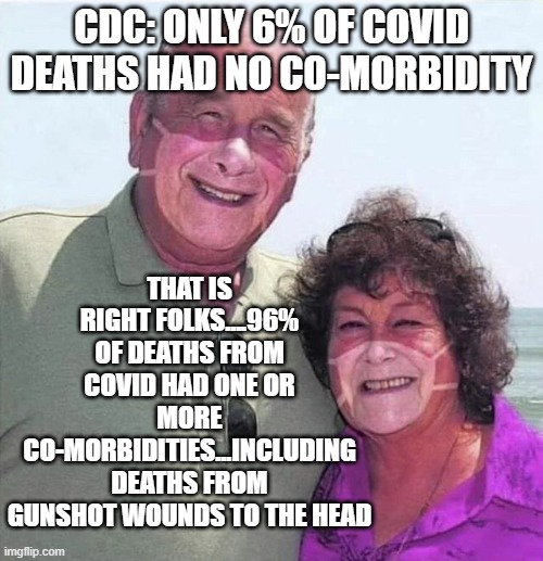 politics | THAT IS RIGHT FOLKS....96% OF DEATHS FROM COVID HAD ONE OR MORE CO-MORBIDITIES...INCLUDING DEATHS FROM GUNSHOT WOUNDS TO THE HEAD; CDC: ONLY 6% OF COVID DEATHS HAD NO C0-MORBIDITY | image tagged in political meme | made w/ Imgflip meme maker