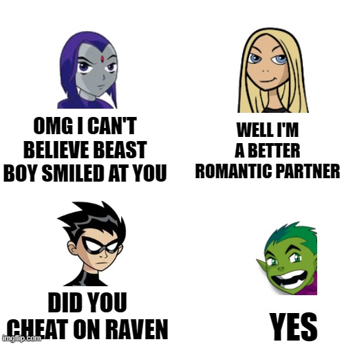 Blank Transparent Square | WELL I'M A BETTER ROMANTIC PARTNER; OMG I CAN'T BELIEVE BEAST BOY SMILED AT YOU; DID YOU CHEAT ON RAVEN; YES | image tagged in memes,blank transparent square | made w/ Imgflip meme maker