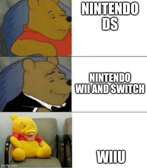 Nintendo devices | NINTENDO DS; NINTENDO WII AND SWITCH; WIIU | image tagged in tuxedo winnie de pooh 3 panel | made w/ Imgflip meme maker