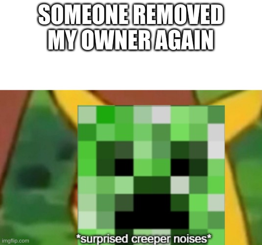 surprised creeper | SOMEONE REMOVED MY OWNER AGAIN | image tagged in surprised creeper | made w/ Imgflip meme maker