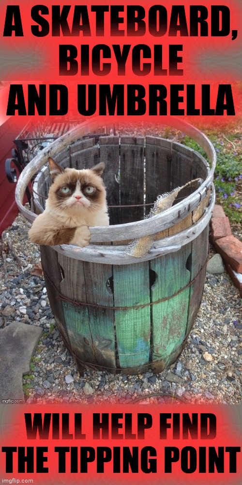 Grumpy Cat Barrel | A SKATEBOARD, BICYCLE AND UMBRELLA WILL HELP FIND THE TIPPING POINT | image tagged in grumpy cat barrel | made w/ Imgflip meme maker