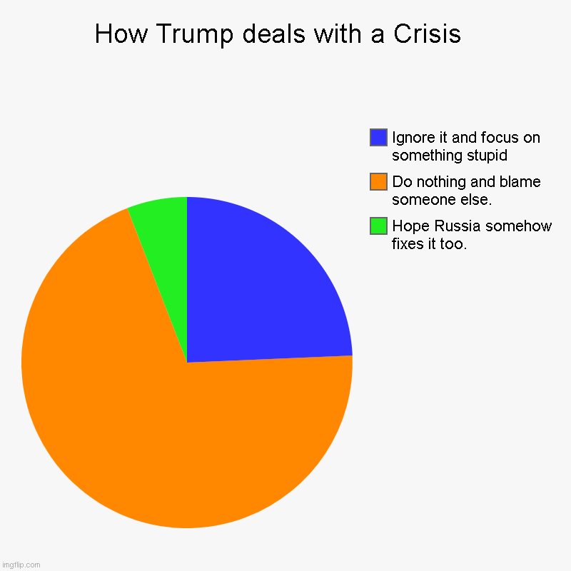 How Trump deals with a Crisis  | Hope Russia somehow fixes it too., Do nothing and blame someone else., Ignore it and focus on something stu | image tagged in charts,pie charts,the worst president ever | made w/ Imgflip chart maker