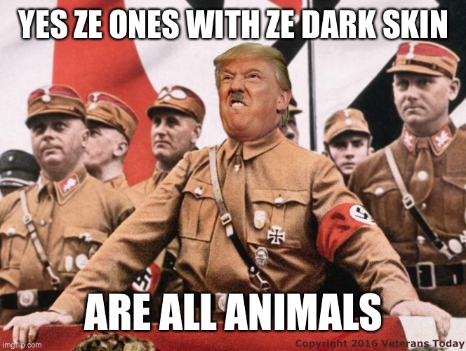 Trump Hitler  | YES ZE ONES WITH ZE DARK SKIN ARE ALL ANIMALS | image tagged in trump hitler | made w/ Imgflip meme maker