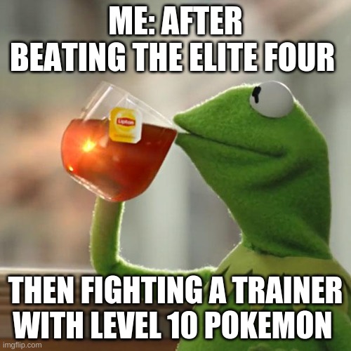 you dare challenge me | ME: AFTER BEATING THE ELITE FOUR; THEN FIGHTING A TRAINER WITH LEVEL 10 POKEMON | image tagged in memes,but that's none of my business,kermit the frog | made w/ Imgflip meme maker