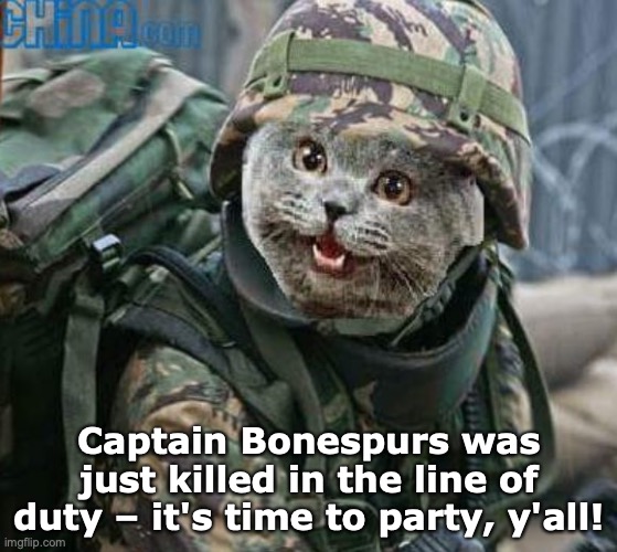 Captain Bonespurs | Captain Bonespurs was just killed in the line of duty – it's time to party, y'all! | image tagged in trump,bone spurs,bigmac,treasonous tangerine,treasonweasel,maga | made w/ Imgflip meme maker
