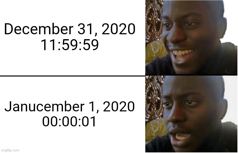 Janucember 2020 the 13th month | December 31, 2020
11:59:59; Janucember 1, 2020
00:00:01 | image tagged in disappointed black guy | made w/ Imgflip meme maker