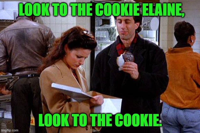 Seinfeld had the answer to race relations 26 years ago! | LOOK TO THE COOKIE ELAINE, LOOK TO THE COOKIE. | image tagged in jerry cookie,race,cookies | made w/ Imgflip meme maker