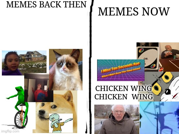 old vs new | MEMES BACK THEN; MEMES NOW; CHICKEN WING CHICKEN  WING | image tagged in blank white template,childhood | made w/ Imgflip meme maker