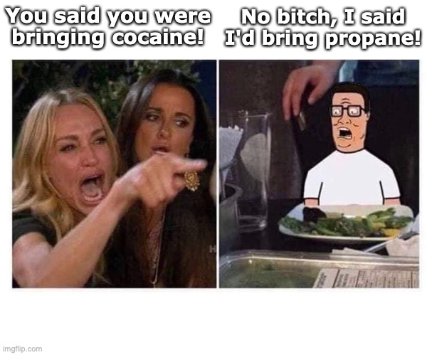 Smudge Hill | No bitch, I said I'd bring propane! You said you were
bringing cocaine! | image tagged in smudge,king of the hill,cocaine,propane,grammar,fixed it | made w/ Imgflip meme maker