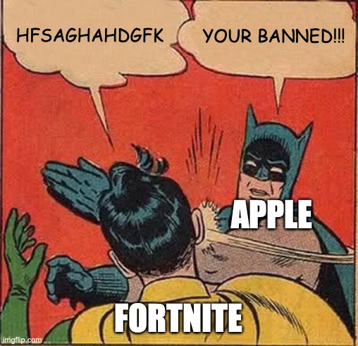 HFSAGHAHDGFK YOUR BANNED!!! APPLE FORTNITE | image tagged in memes,batman slapping robin | made w/ Imgflip meme maker