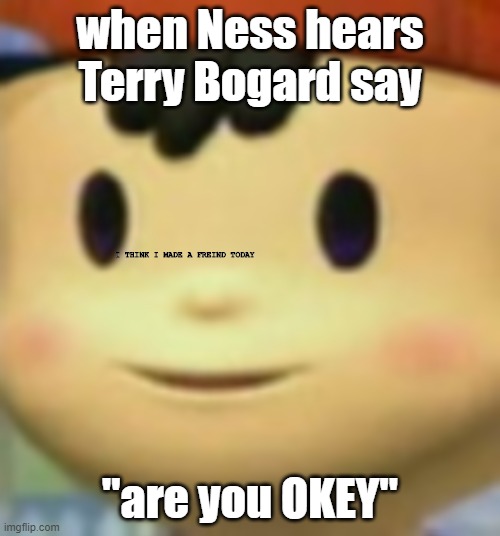 ArE yOu oK? | when Ness hears Terry Bogard say; I THINK I MADE A FREIND TODAY; "are you OKEY" | image tagged in ness face,super smash bros,earthbound | made w/ Imgflip meme maker
