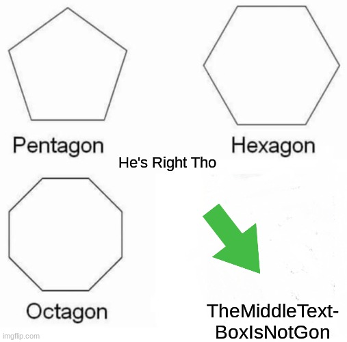 TheMiddleTextBoxIsNotGon | He's Right Tho; TheMiddleText-
BoxIsNotGon | image tagged in memes,pentagon hexagon octagon | made w/ Imgflip meme maker