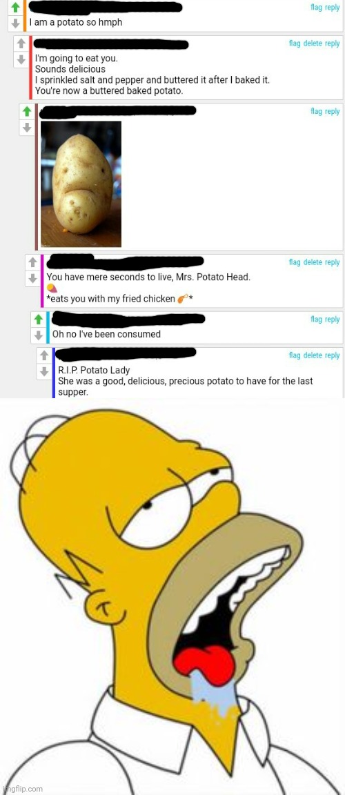 Cursed comments about the potato in this comments chat | image tagged in homer yummy,potato,comment section,comments,comment,memes | made w/ Imgflip meme maker