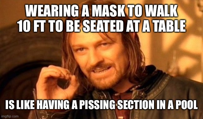 Zero | WEARING A MASK TO WALK 10 FT TO BE SEATED AT A TABLE; IS LIKE HAVING A PISSING SECTION IN A POOL | image tagged in memes,one does not simply,wtf | made w/ Imgflip meme maker