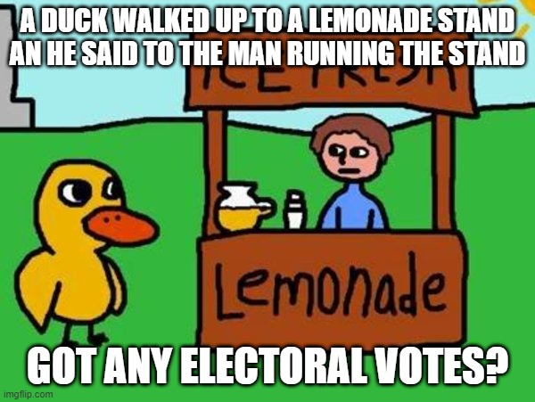 The Disney Duck | A DUCK WALKED UP TO A LEMONADE STAND AN HE SAID TO THE MAN RUNNING THE STAND; GOT ANY ELECTORAL VOTES? | image tagged in the duck song,election,disney,donald duck,donald trump | made w/ Imgflip meme maker