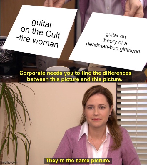 the guitar is the same | guitar on the Cult -fire woman; guitar on theory of a deadman-bad girlfriend | image tagged in memes,they're the same picture | made w/ Imgflip meme maker