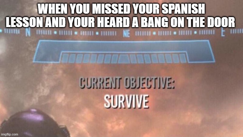 I'm sorry duolingo | WHEN YOU MISSED YOUR SPANISH LESSON AND YOUR HEARD A BANG ON THE DOOR | image tagged in current objective survive | made w/ Imgflip meme maker