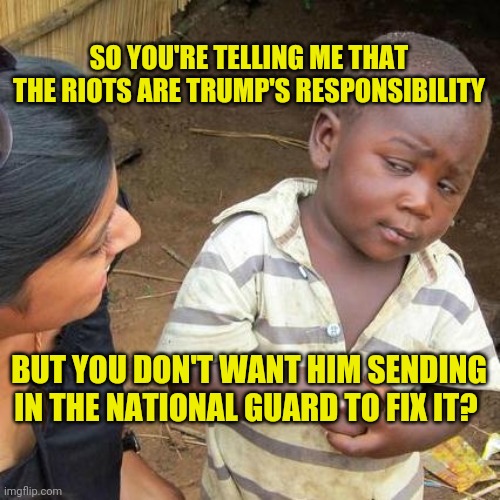 The riots are solely the Democrats fault | SO YOU'RE TELLING ME THAT THE RIOTS ARE TRUMP'S RESPONSIBILITY; BUT YOU DON'T WANT HIM SENDING IN THE NATIONAL GUARD TO FIX IT? | image tagged in memes,third world skeptical kid,biden's america | made w/ Imgflip meme maker