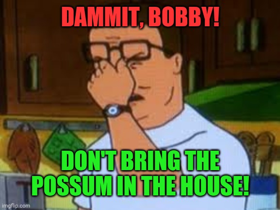 Hank hill | DAMMIT, BOBBY! DON'T BRING THE POSSUM IN THE HOUSE! | image tagged in hank hill | made w/ Imgflip meme maker