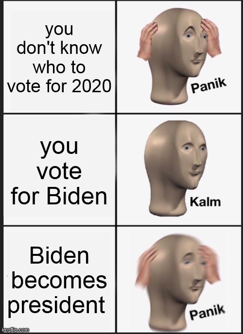 pls guys know who to vote for and decide trump :) | you don't know who to vote for 2020; you vote for Biden; Biden becomes president | image tagged in memes,panik kalm panik | made w/ Imgflip meme maker