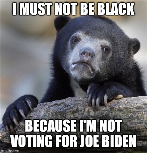 Confession Bear | I MUST NOT BE BLACK; BECAUSE I'M NOT VOTING FOR JOE BIDEN | image tagged in memes,confession bear | made w/ Imgflip meme maker