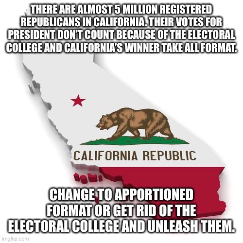 California Tyranny | THERE ARE ALMOST 5 MILLION REGISTERED REPUBLICANS IN CALIFORNIA. THEIR VOTES FOR PRESIDENT DON’T COUNT BECAUSE OF THE ELECTORAL COLLEGE AND CALIFORNIA’S WINNER TAKE ALL FORMAT. CHANGE TO APPORTIONED FORMAT OR GET RID OF THE ELECTORAL COLLEGE AND UNLEASH THEM. | image tagged in california,democrats,republicans,electoral college,your mom | made w/ Imgflip meme maker