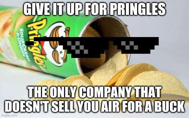 pringles | GIVE IT UP FOR PRINGLES; THE ONLY COMPANY THAT DOESN'T SELL YOU AIR FOR A BUCK | image tagged in pringles | made w/ Imgflip meme maker