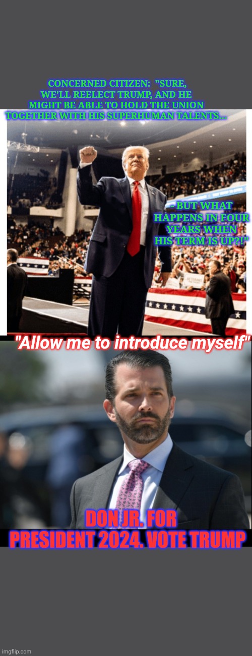VOTE TRUMP DYNASTY | CONCERNED CITIZEN:  "SURE, WE'LL REELECT TRUMP, AND HE MIGHT BE ABLE TO HOLD THE UNION TOGETHER WITH HIS SUPERHUMAN TALENTS... - BUT WHAT HAPPENS IN FOUR YEARS WHEN HIS TERM IS UP?!"; "Allow me to introduce myself"; DON JR. FOR PRESIDENT 2024. VOTE TRUMP | image tagged in trump,vote,trump 2020,donald trump jr,the truth is out there | made w/ Imgflip meme maker