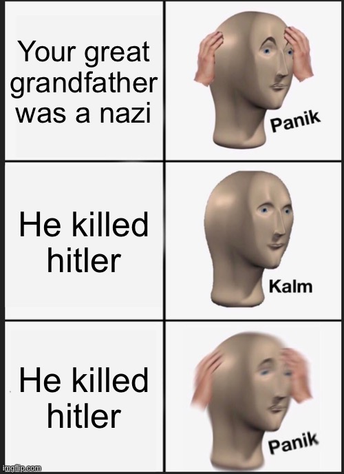 OMG WHAT | Your great grandfather was a nazi; He killed hitler; He killed hitler | image tagged in memes,panik kalm panik | made w/ Imgflip meme maker