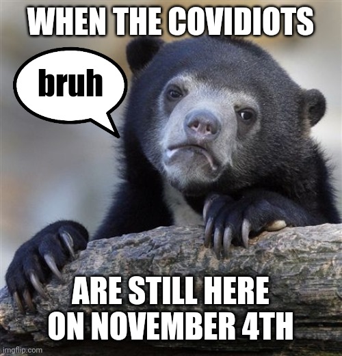 COVID is still here..... | WHEN THE COVIDIOTS; bruh; ARE STILL HERE ON NOVEMBER 4TH | image tagged in memes,confession bear,covid-19,coronavirus | made w/ Imgflip meme maker