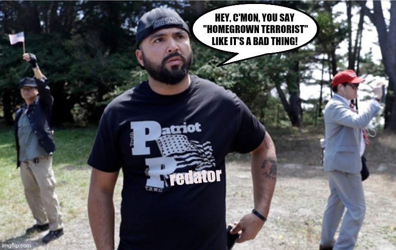 "Patriot" - NOT | HEY, C'MON, YOU SAY
 "HOMEGROWN TERRORIST" LIKE IT'S A BAD THING! redator | image tagged in patriot,predator,domestic terrorist | made w/ Imgflip meme maker