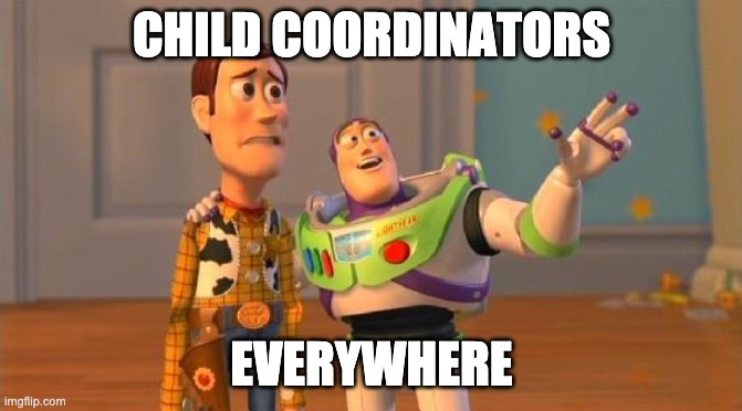 Child coordinators everywhere |  CHILD COORDINATORS; EVERYWHERE | image tagged in toystory everywhere | made w/ Imgflip meme maker