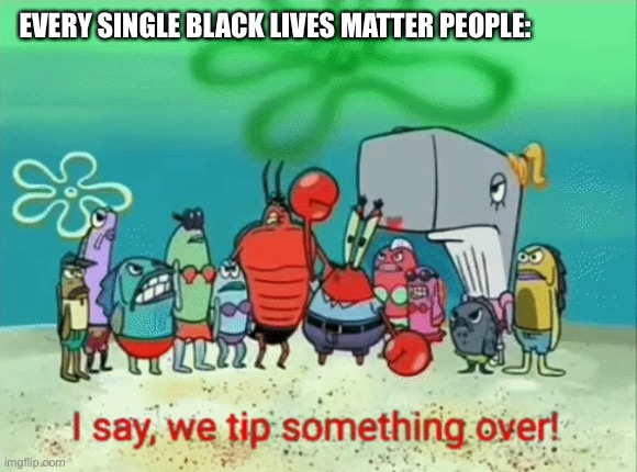 I say, we tip something over! | EVERY SINGLE BLACK LIVES MATTER PEOPLE: | image tagged in i say we tip something over | made w/ Imgflip meme maker