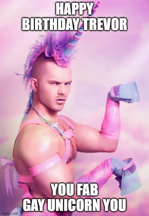 gay unicorn boy | HAPPY BIRTHDAY TREVOR; YOU FAB GAY UNICORN YOU | image tagged in gay unicorn boy,unicorn man,gay unicorn,lgbt,memes,funny memes | made w/ Imgflip meme maker