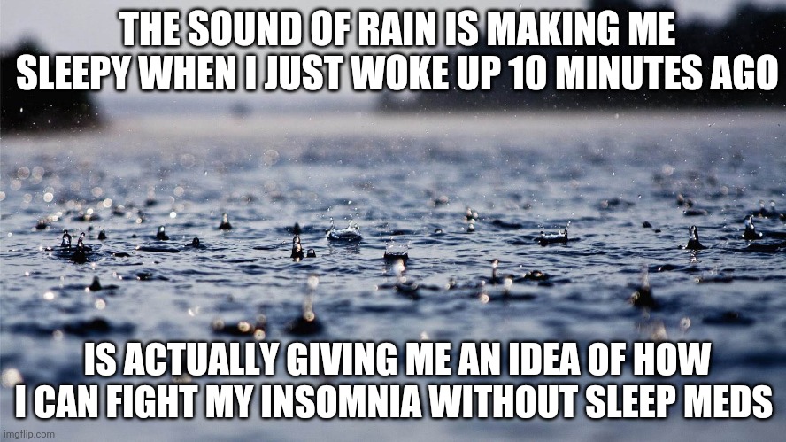 Rainy Day Template | THE SOUND OF RAIN IS MAKING ME SLEEPY WHEN I JUST WOKE UP 10 MINUTES AGO; IS ACTUALLY GIVING ME AN IDEA OF HOW I CAN FIGHT MY INSOMNIA WITHOUT SLEEP MEDS | image tagged in rainy day template | made w/ Imgflip meme maker