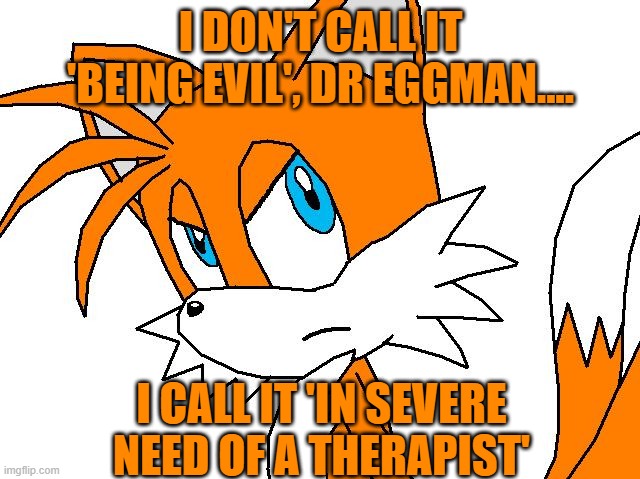 angry tails | I DON'T CALL IT 'BEING EVIL', DR EGGMAN.... I CALL IT 'IN SEVERE NEED OF A THERAPIST' | image tagged in angry tails | made w/ Imgflip meme maker