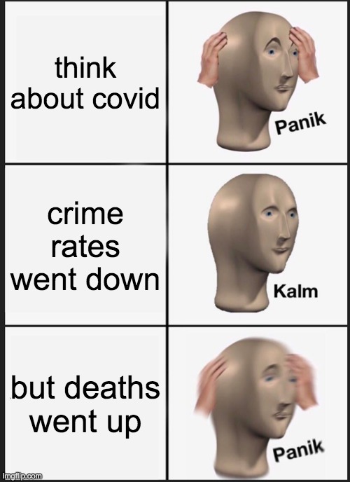 Panik Kalm Panik Meme | think about covid; crime rates went down; but deaths went up | image tagged in memes,panik kalm panik | made w/ Imgflip meme maker