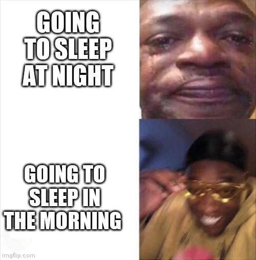 No introduction needed |  GOING TO SLEEP AT NIGHT; GOING TO SLEEP IN THE MORNING | image tagged in sad happy,sleep,relatable,stop reading the tags,tag,time | made w/ Imgflip meme maker