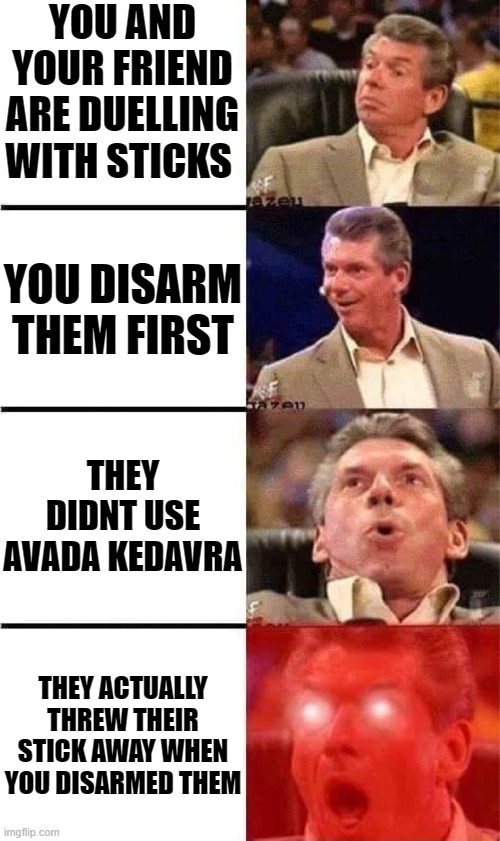 they also did the hand movements correct OoO | YOU AND YOUR FRIEND ARE DUELLING WITH STICKS; YOU DISARM THEM FIRST; THEY DIDNT USE AVADA KEDAVRA; THEY ACTUALLY THREW THEIR STICK AWAY WHEN YOU DISARMED THEM | image tagged in memes | made w/ Imgflip meme maker
