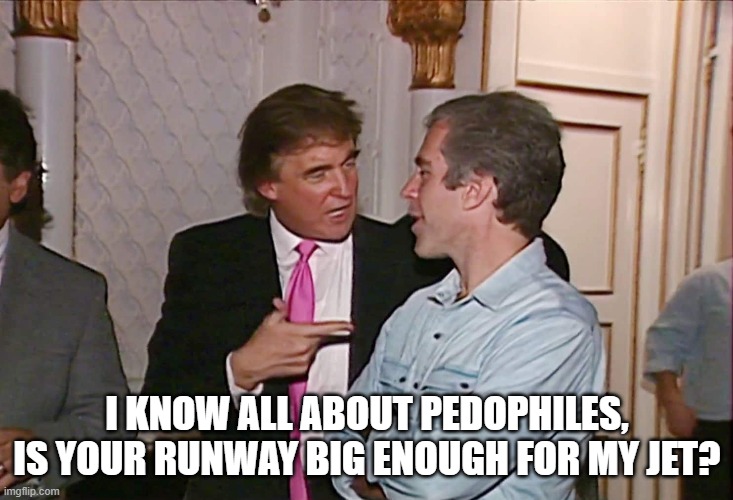 Trump & Epstein | I KNOW ALL ABOUT PEDOPHILES, IS YOUR RUNWAY BIG ENOUGH FOR MY JET? | image tagged in trump epstein | made w/ Imgflip meme maker