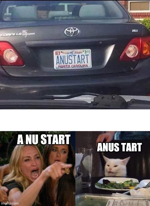 A NU START; ANUS TART | image tagged in memes,woman yelling at cat | made w/ Imgflip meme maker