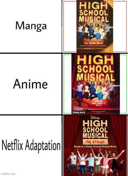 Different versions of High School Musical | image tagged in high school musical,memes,manga anime netflix adaption | made w/ Imgflip meme maker