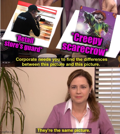 -Function in deleting any suspicious activity. | *Creepy scarecrow*; *Retail store's guard* | image tagged in memes,they're the same picture,field,corn,wizard of oz scarecrow,guardian angel | made w/ Imgflip meme maker
