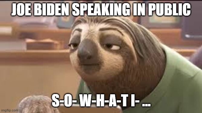 flash the sloth | JOE BIDEN SPEAKING IN PUBLIC; S-O- W-H-A-T I- ... | image tagged in flash the sloth | made w/ Imgflip meme maker