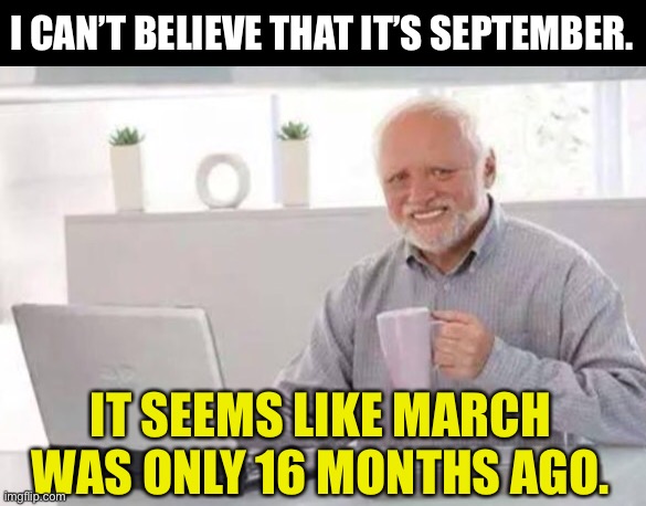 Harold | I CAN’T BELIEVE THAT IT’S SEPTEMBER. IT SEEMS LIKE MARCH WAS ONLY 16 MONTHS AGO. | image tagged in harold | made w/ Imgflip meme maker