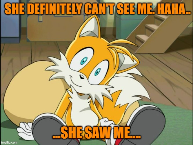 Tails the Doll | SHE DEFINITELY CAN'T SEE ME. HAHA.. ...SHE SAW ME.... | image tagged in tails | made w/ Imgflip meme maker