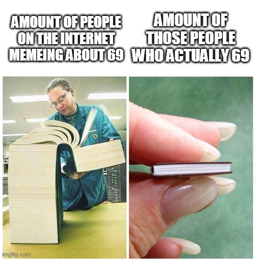 69 | AMOUNT OF PEOPLE ON THE INTERNET MEMEING ABOUT 69; AMOUNT OF THOSE PEOPLE WHO ACTUALLY 69 | image tagged in big book small book | made w/ Imgflip meme maker